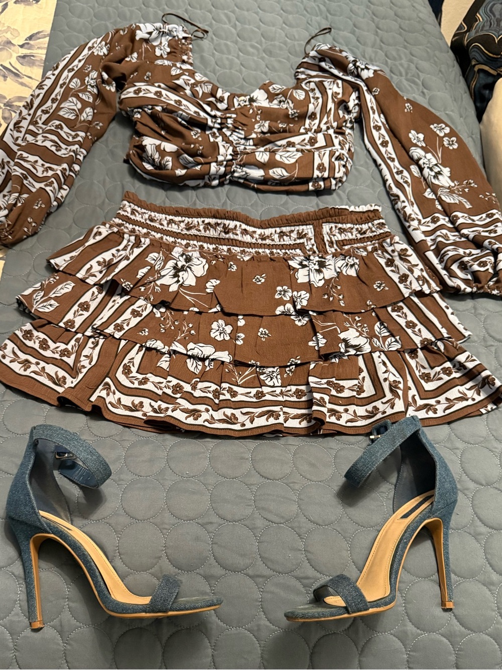 GB girls Brown & Baby Blue Floral Tiered Mini Skirt Set